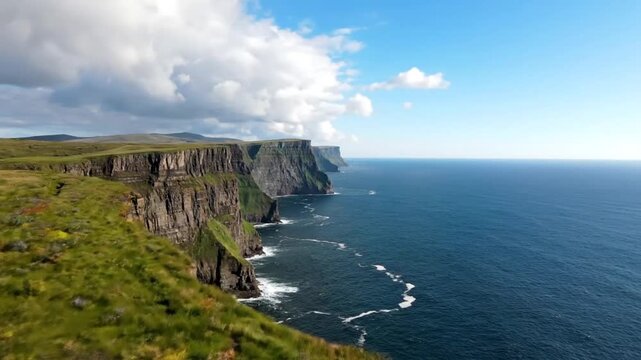 Stunning aerial footage of the majestic cliffs of moher in ireland on a beautiful sunny day with blue skies and white clouds
