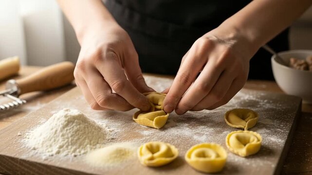 Person skillfully preparing homemade tortellini on floured surface