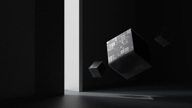 Abstract dark background with white light and floating cubes motion graphic with geometric patterns and volumetric lighting