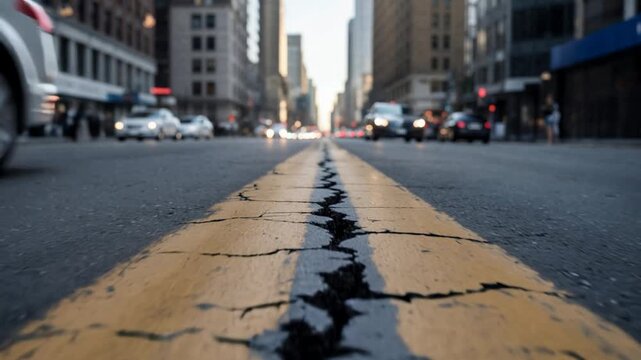 Cracked asphalt road with yellow lines in city street, urban infrastructure damage.