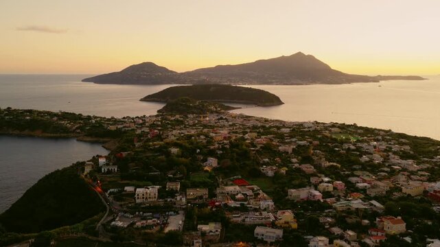 Italian Island Of Procida At Sunset In Italy - Drone Shot