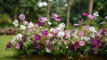 Obraz premium Beautiful blooming cosmos flowers in shades of pink, white, and purple in a lush green garden bed.