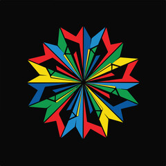 Abstract geometric star pattern with vibrant primary colors radiating from the center on a dark background, symbolizing unity and diversity.