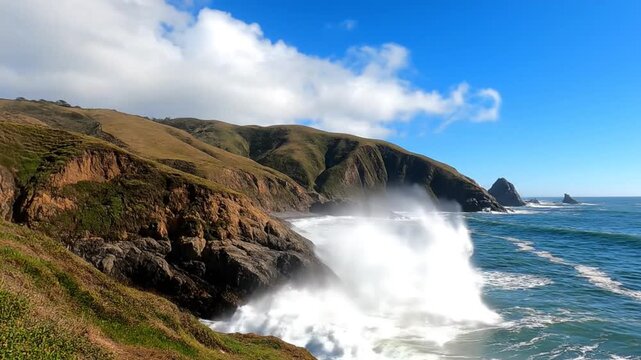 Dynamic ocean waves crash against rugged cliffs with rolling green hills under blue sky
