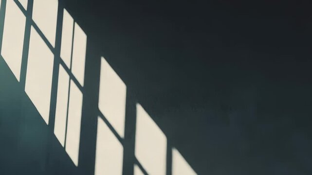 Sunlight beams through a window, creating a striking pattern of geometric shadows across a textured wall and concrete floor in an empty, minimalist interior space
