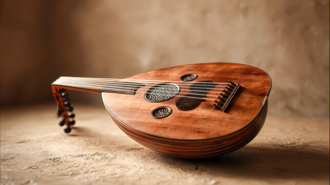 Arabic oud on a neutral textured background, the concept of traditional Middle Eastern music and classical string lute