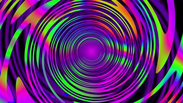 Brightly colored patterns swirling into a shifting vortex. Purple and green blacklight poster style psychedelic background.