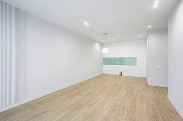 A minimalist room with light wooden flooring, white walls, recessed ceiling lights, a pendant lamp, turquoise tiled accent wall, and exposed plumbing pipes &mdash; clean, modern space.