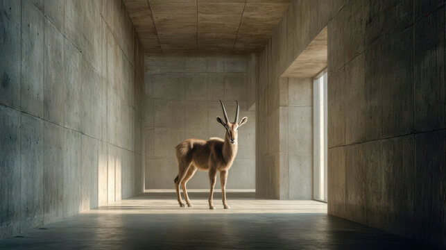 A lone saola standing in a concrete interior corridor, a rare Asian antelope, minimalist architecture and soft natural light
