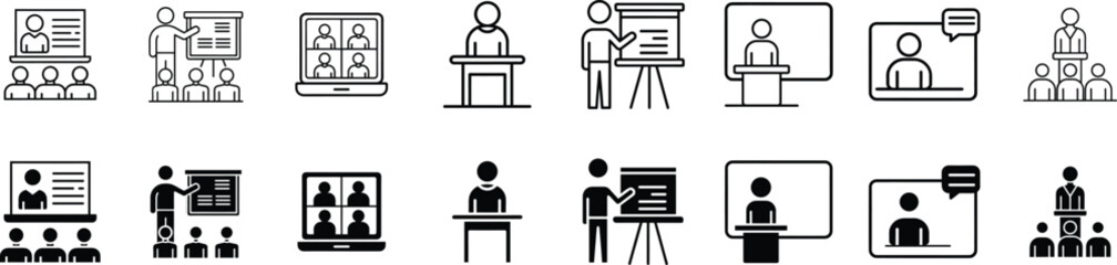 Fototapeta premium Black and white icons of people interacting with digital devices