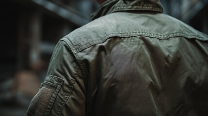 Close-up back view of a person wearing an olive green tactical field jacket in a dark urban environment