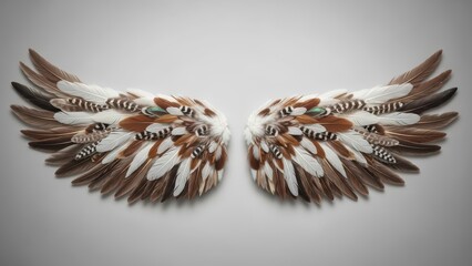 Symmetrical arrangement of multicolored feathers forming angelic wings on a neutral gray background