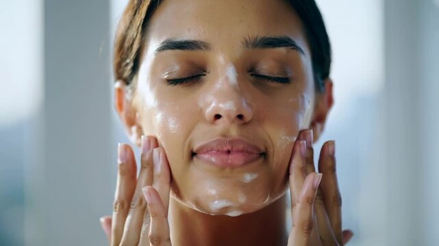 Close up of a woman applying facial cleanser cream for daily skincare routine and healthy glowing skin.
