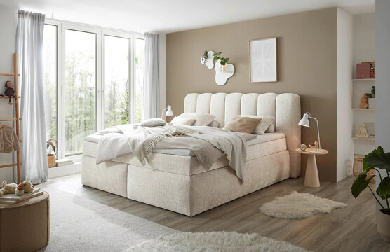 Modern luxury bedroom interior in minimal scandinavian style, 3d render