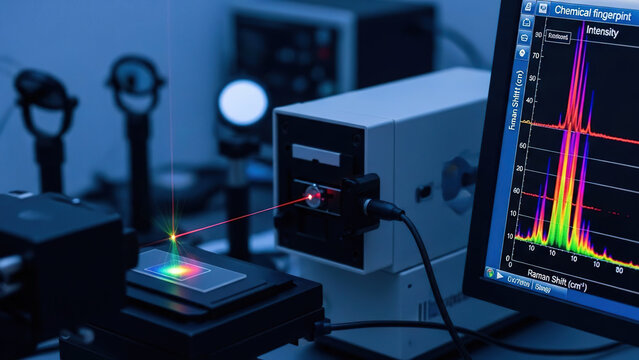 Scientist analyzing sample with Raman spectroscopy in a lab