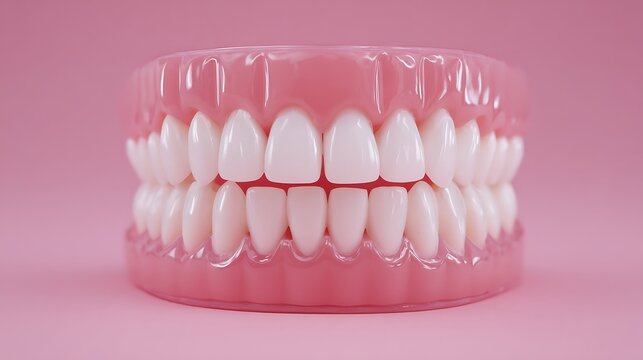 Human teeth dental model with pink gums on soft pink background showing healthy white teeth and oral care.