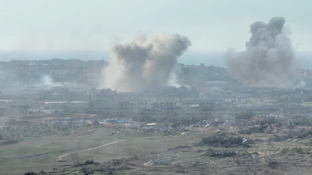 Northern Gaza Destruction Seen From Aerial Drone Footage
Drone footage showing massive explosions and widespread destruction across northern Gaza during military operations, 2023, Israel.
