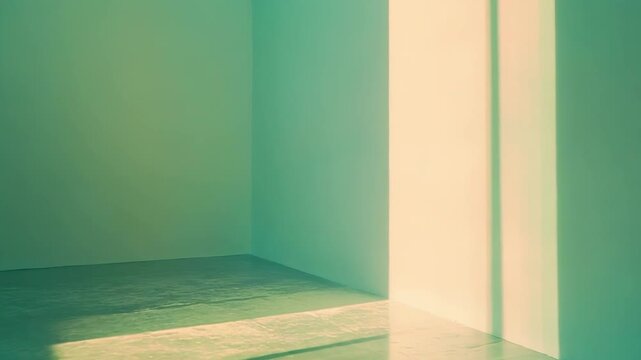Empty room showcasing vibrant teal walls and a smooth floor, with strong rectangles of warm sunlight casting shadows and creating a striking contrast on the surfaces