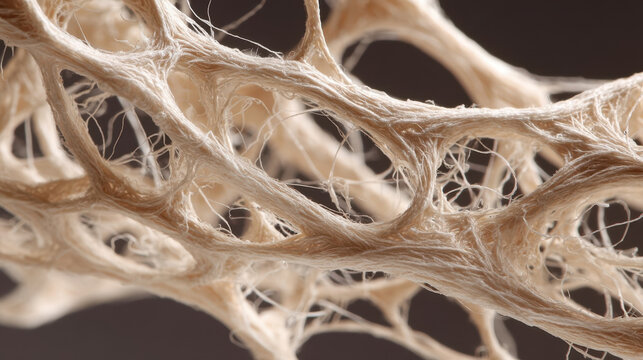 Interwoven cellulose fibers, macro photo of paper pulp forming an organic mesh structure