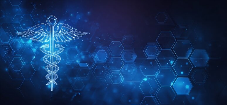 Modern medical caduceus symbol on blue hexagonal background