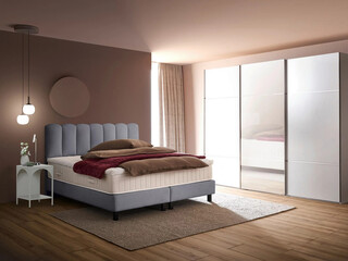Modern luxury bedroom interior in minimal scandinavian style, 3d render