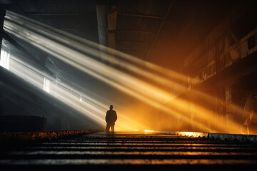 Fototapeta premium A person stands alone on a staircase bathed in rays of light indoors