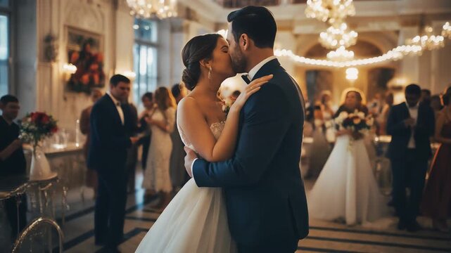 romantic bride and groom dancing first dance at luxury wedding reception