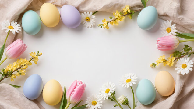 Colorful pastel Easter eggs and spring flowers arranged in a circle on white background. Festive flat lay composition with copy space.