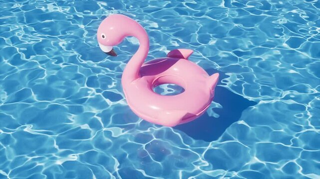 Pink flamingo inflatable float slowly moving on bright blue water surface in swimming pool