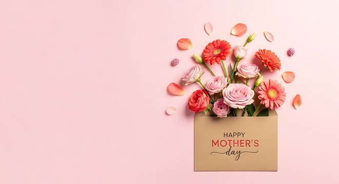 Happy Mother's Day Typography on Envelope with Blooming Spring Flowers Flat Lay