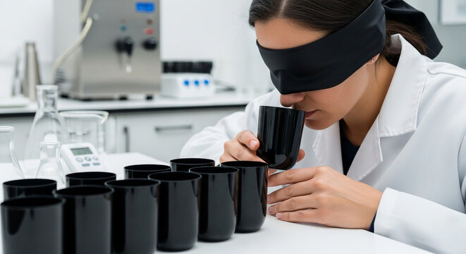 Blindfolded Scientist in Laboratory Performing Sensory Odor and Aroma Testing on Samples