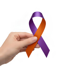 Image of a corner hand holding a prevention ribbon, half purple and half orange.