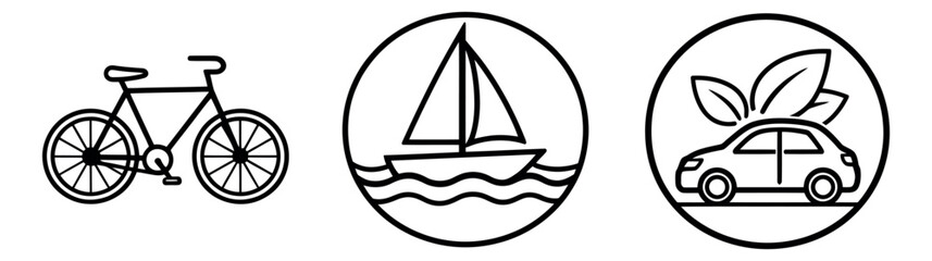 Obraz premium Simple line art icons set featuring a bicycle, a sailboat, and an eco-friendly car for sustainable transportation