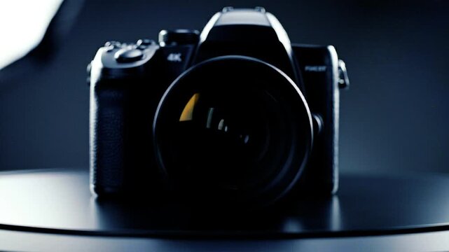 Black Professional DSLR Camera with Lens on Dark Background