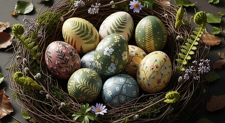 Obraz premium Easter Eggs with Botanical Leaf Patterns on Natural Moss and Twig Background