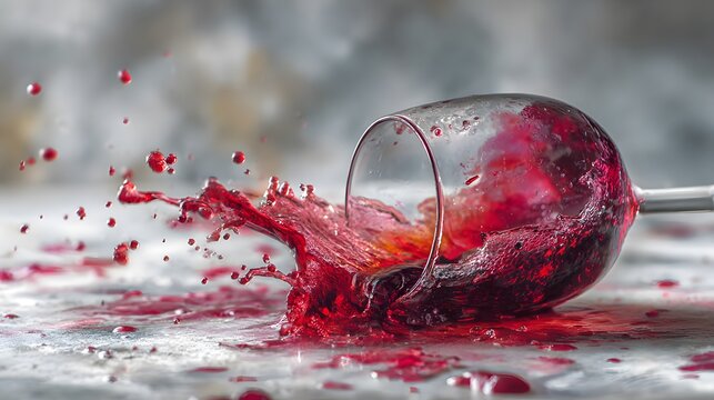 Spilled glass of red wine on a white marble surface capturing a dynamic splash of red liquid with the glass tipped over in high contrast.