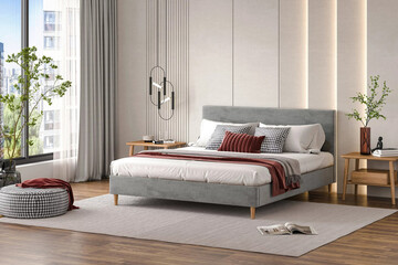 Modern luxury bedroom interior in minimal scandinavian style, 3d render © yulia