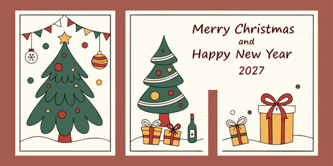 Naklejka premium Christmas and new year 2027 holiday greeting card collection featuring decorated evergreen trees and gift boxes christmas celebration greeting illustration collection