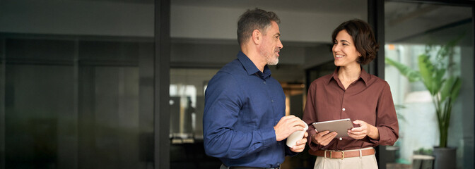 Happy professional smiling businessman and businesswoman having conversation at work. Executive...