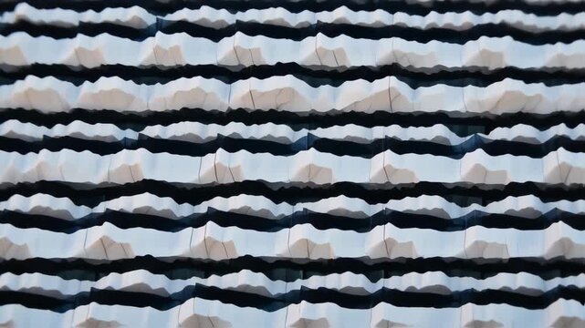 An abstract image featuring a repetitive pattern of layered shapes in white and black