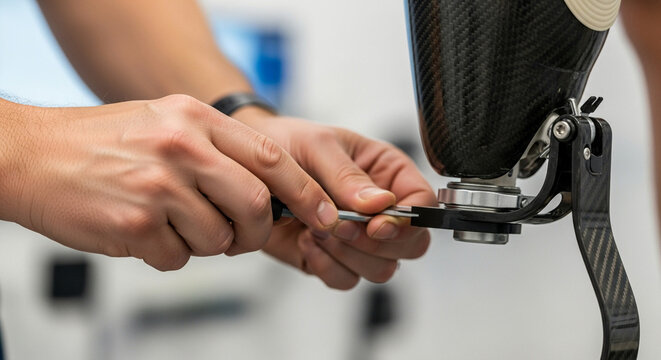 Technician repairing and adjusting prosthetic carbon fiber leg in workshop