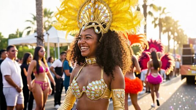 Smiling woman in colorful feather costume dancing at street carnival parade.