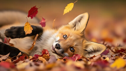 Obraz premium Fox lying on autumn leaves