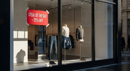 Clothing store window display featuring a sale sign and mannequins.
