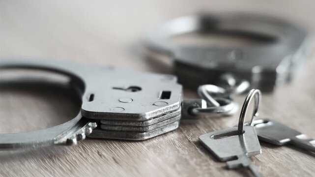 This close-up image shows metal handcuffs, lying keys from the shackles. A detailed overview of the handcuffs, emphasizing the texture and atmosphere of the investigation.