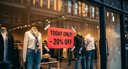 Clothing store window display featuring a Today Only 20 Off sale sign.