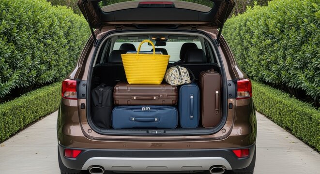 Car trunk packed with various luggage and bags, ready for travel and adventure
