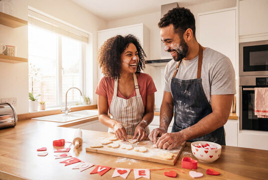 Happy Couple Baking Heart Cookies for Valentine's Day in Kitchen