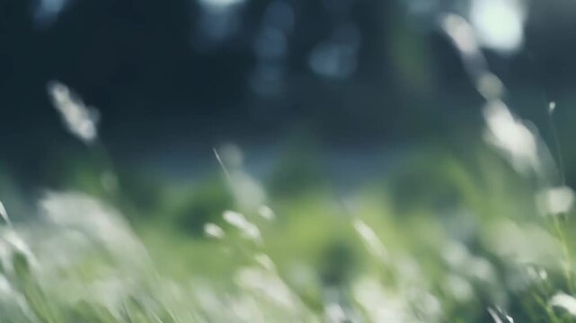 Lush green grass and delicate seed heads swaying gently in a soft breeze provide a peaceful natural background, highlighting concepts of growth, tranquility, and natural beauty