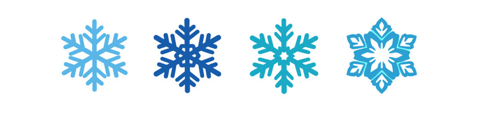 Fototapeta premium Collection of four stylized blue snowflakes on a white background